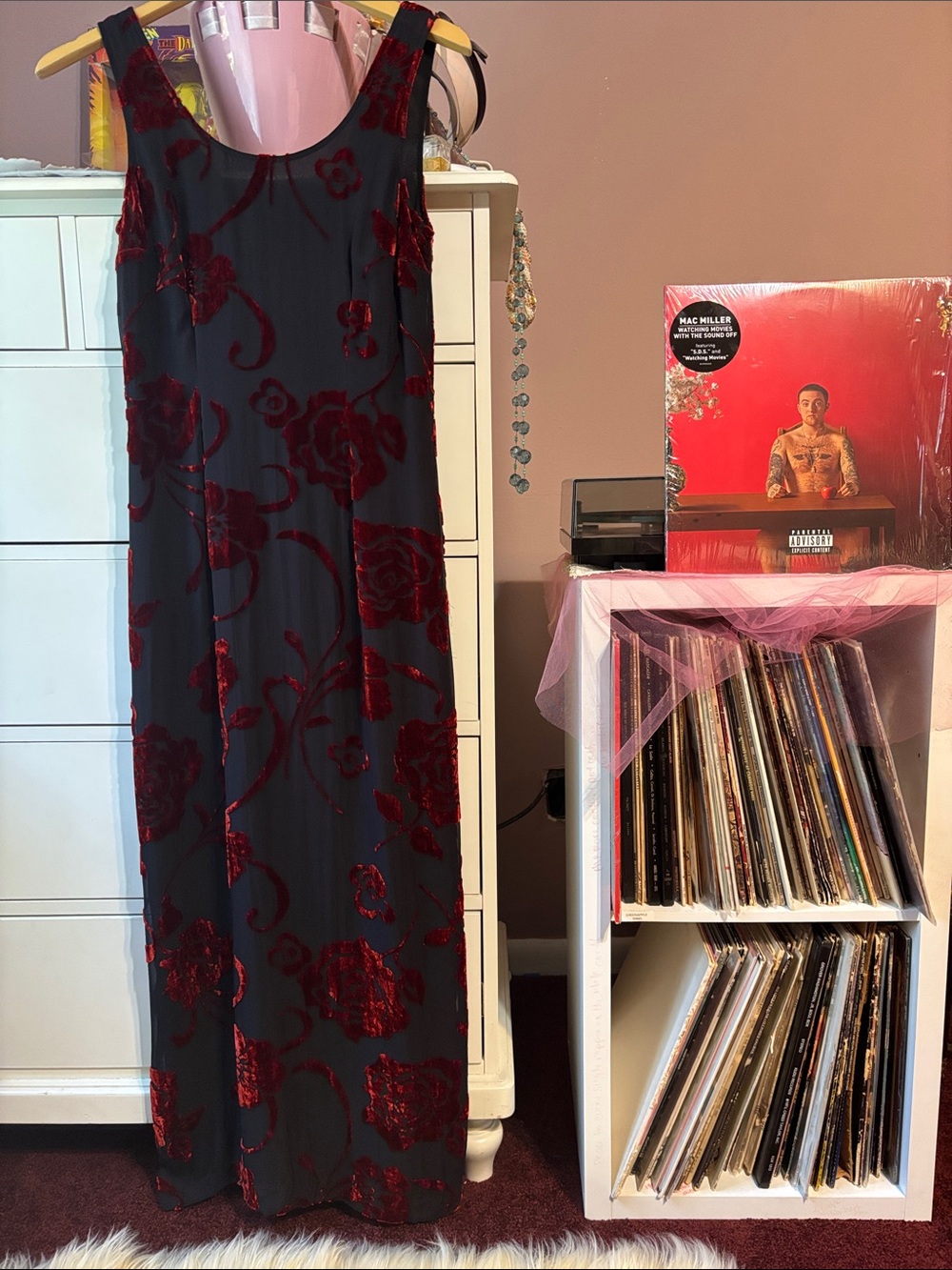 Vintage 90’s Silk Laura Ashley Maxi Long Velvet Floral Burnout Dress Black Red 4